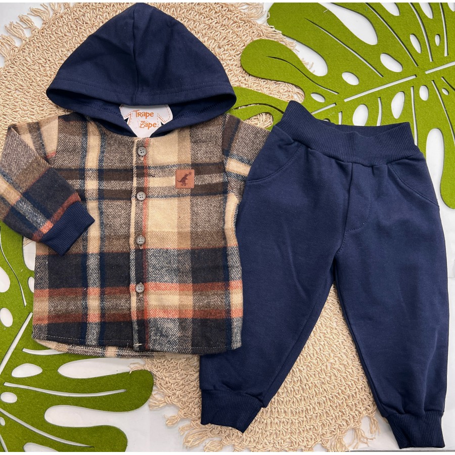 Inverno 2025 - Conj. Casaco Flanelado Dino Xadrez e Calça em Moletom - Caramelo e Marinho